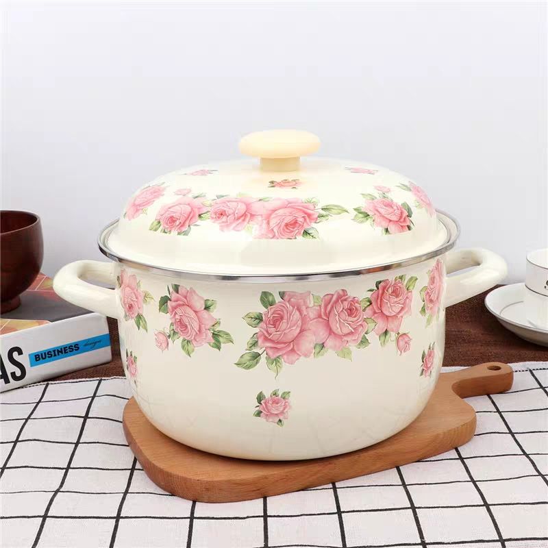 Fondue Pot Ceramic - 뚜껑이 달린 우아한 핑크 장미 에나멜